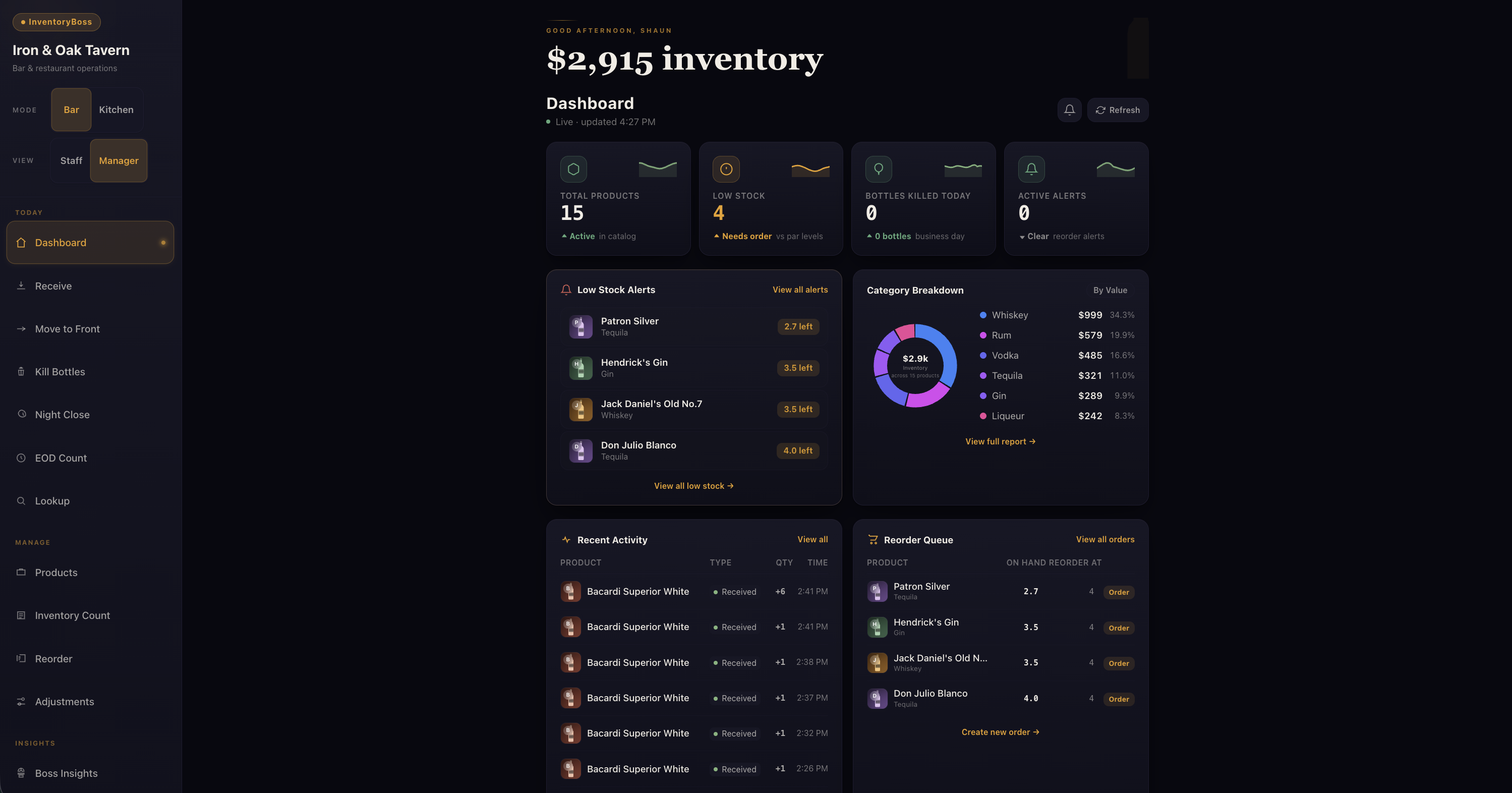 InventoryBoss dashboard: KPI tiles, category breakdown, and live activity, running with real bar data